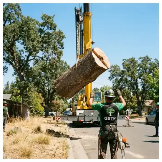 Crane lowering a tree section during a Philadelphia removal